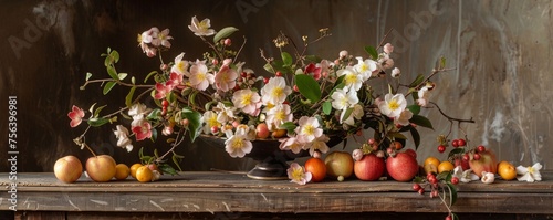 A springtime tableau featuring blossoming fruit flowers arranged atop a rustic wooden table, heralding the renewal of nature.