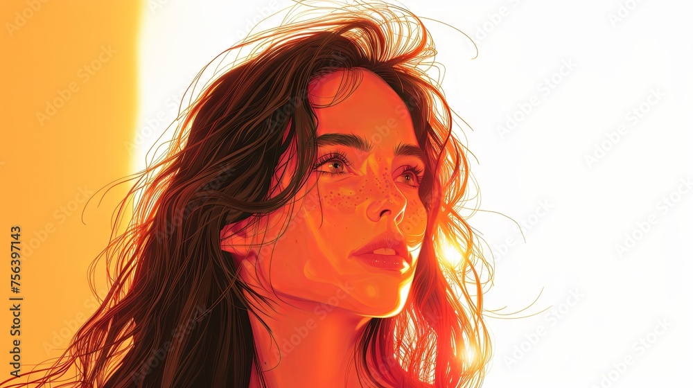 Illustration of a beautiful young woman with flying hair on yellow and white background. Illustration of a beautiful young woman with flying hair on yellow and white background.