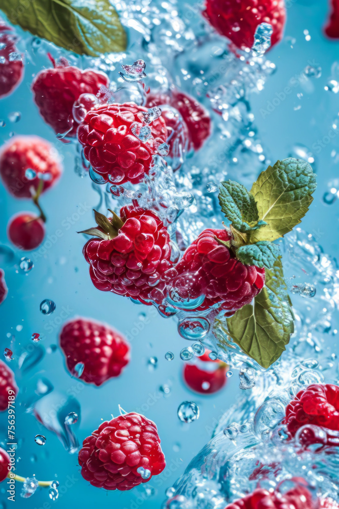 Fototapeta premium Raspberries Immersed in Splashing Water