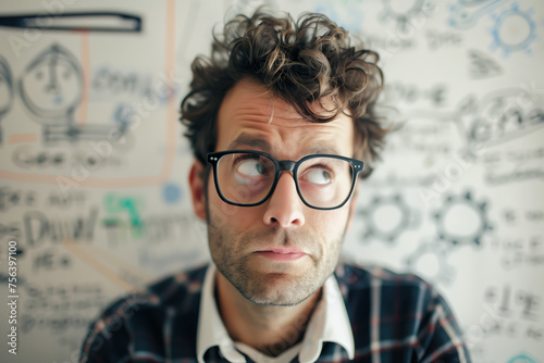 Portrait of a man in glasses in front of a whiteboard wall covered with sketches. A slide background for showcasing the brainstorming process. Created with Generative AI technology.