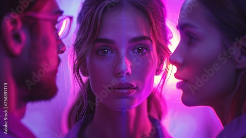 Portrait of beautiful young woman looking at camera while standing in neon light. Relationship.  breakup  jealousy  love triangle.