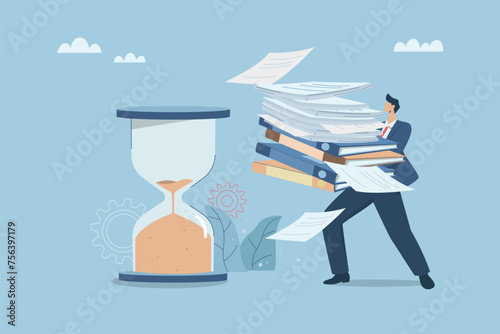Project management with excessive workload, Restricting working hours or remaining time is too little, Businessman or Employees rushed to complete many documents within the deadline. Vector design.