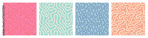 Groovy organic lines, fluid, curved, wiggling stripes, waves vector seamless backgrounds set. Liquid, funky chaotic ornaments, funky patterns. Doodle, uneven hand drawn wavy, winding twisted lines