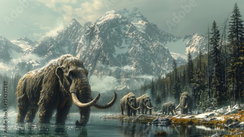 Ancient extinct animals walk around during Ice Age. Family of woolly mammoths, flock of prehistoric elephants migrating. Herd of Jurassic mammals. Beautiful snowy mountains background. Wild nature. photo