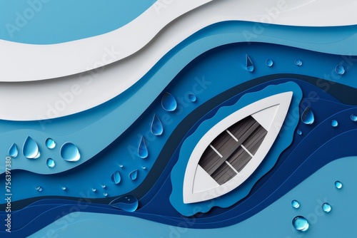 Papercut style of boat on sea with rain and waterdrop