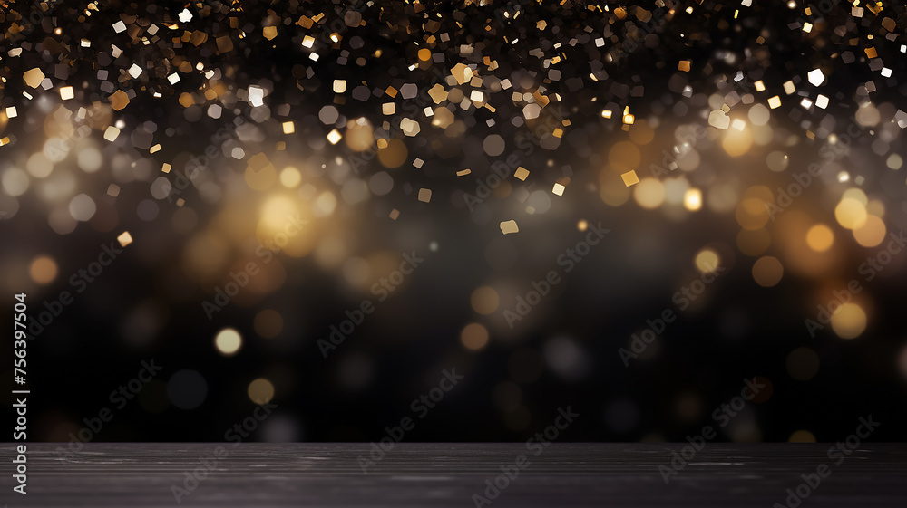 black festive background and barely noticeable golden bokeh sparks of gold in the blur - obrazy, fototapety, plakaty 