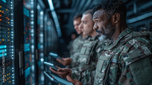 Side view of mature African American soldiers using digital tablet while standing in server room photo