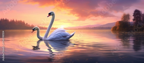 Two graceful swans glide across the tranquil lake  reflecting the colorful hues of the sunset in the water. The sky is scattered with fluffy clouds  creating a breathtaking natural landscape