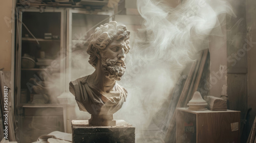 A sculptor’s workshop with dust from work in the air photo