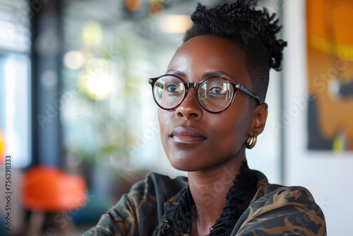 Portrait of a woman in glasses in an office open space. A slide background for showcasing the brainstorming process. Created with Generative AI technology.