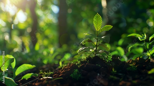 Green sprouts grow from the soil in the morning sunlight. Nature concept.