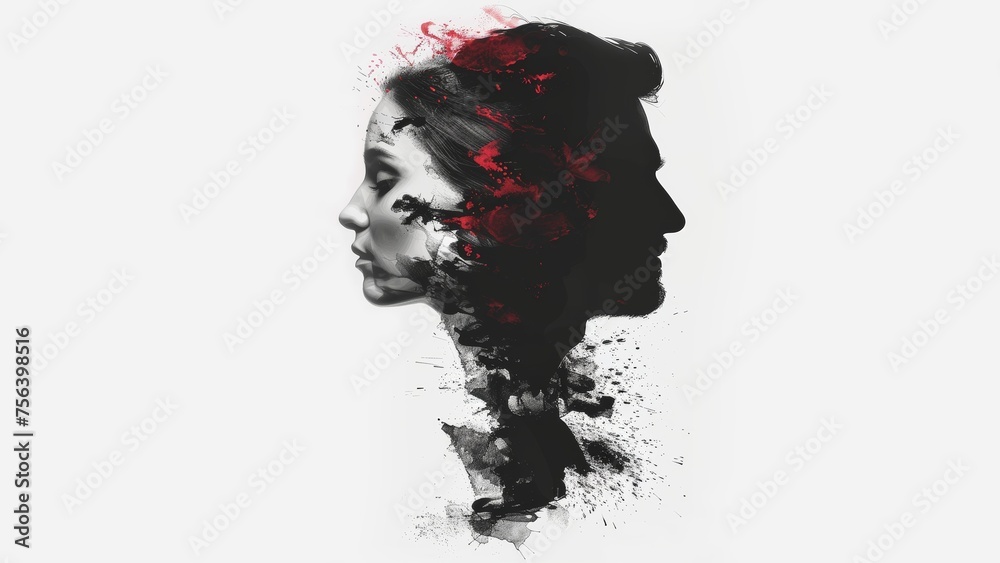 8w man and women side view in graphic, black and white and red, white background, love, emotional