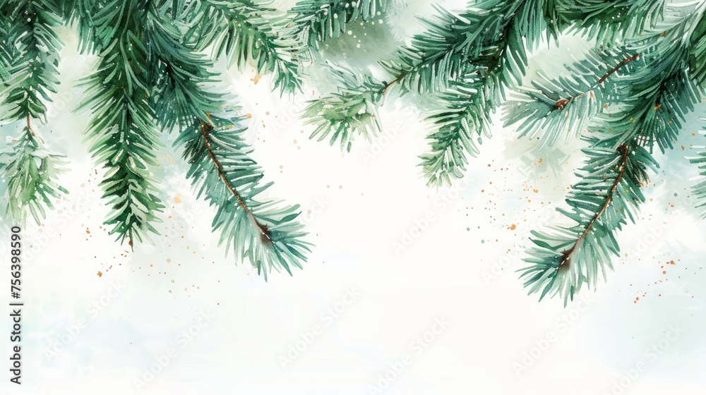 A watercolor vector Christmas banner adorned with lush fir branches, providing a festive and welcoming space for text, encapsulating the spirit and beauty of the holiday season.