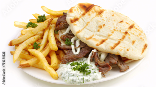 an artisan jucy fast food gyros with sauce, surrounded by golden and french fries on a white background photo