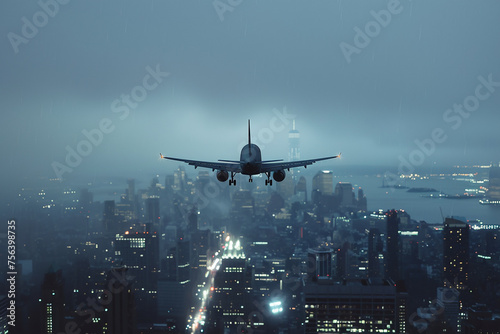plane flying over a city at sunset, landscape of a plane over the city. 