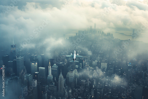 plane flying over a city at sunset, landscape of a plane over the city over the clouds