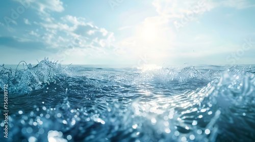 Splashes of water on a background of blue sky and sun.