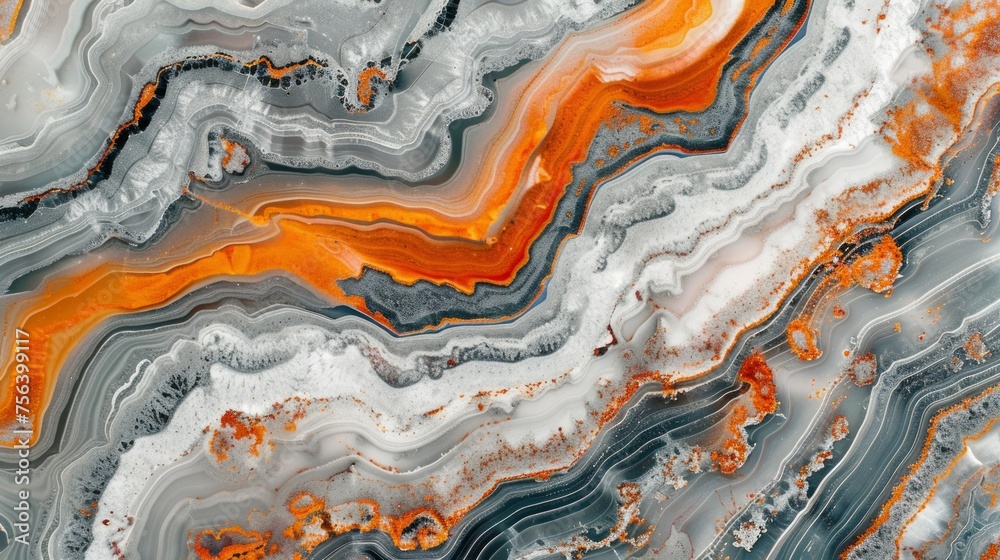 Abstract Marble Waves Acrylic Background. Gray Orange Marbling Texture. Agate Ripple Pattern. - obrazy, fototapety, plakaty 