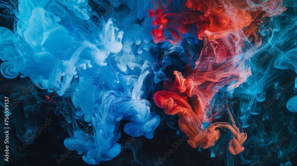 Abstract artistic expression of blue and red acrylic colors mixing in water, creating an ink blot pattern on a dark background. - obrazy, fototapety, plakaty 