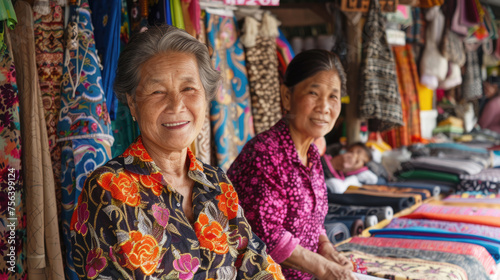 Asian local market. Women sell fabrics