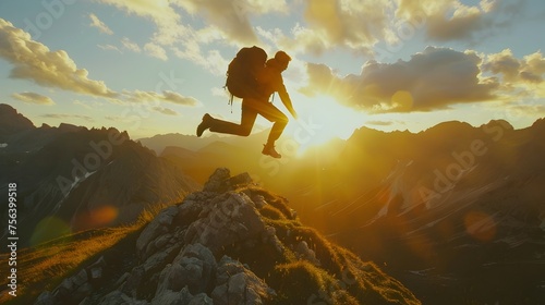 Backpacker Jumping Between Mountains at Sunset - Adventure and Freedom in Nature