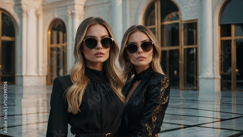 two gorgeous and pretty women wearing black sunglasses are standing at the luxury place