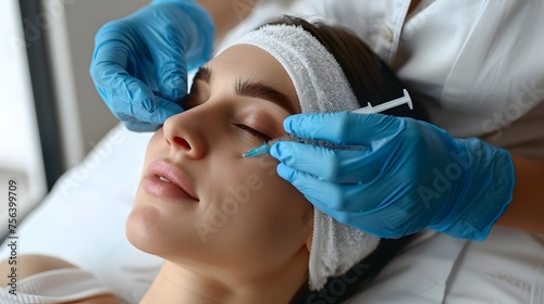 Close-up of Woman Undergoing Cosmetic Medical Procedure, To showcase the detailed process of a cosmetic medical procedure, highlighting the trust