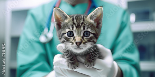 Frightened little tabby kitten in the hands of a veterinarian. International Veterinarian's Day. Front view. Close-up