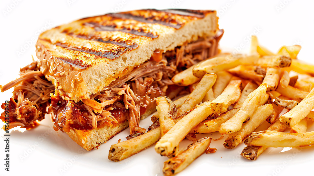 an artisan jucy fast food pulled pork with sauce, surrounded by golden and french fries on a white background an artisan jucy fast food pulled pork with sauce, surrounded by golden and french fries on a white background