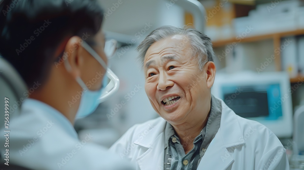 Elderly Chinese Man Smiling While Talking to Doctor During Dental Examination, To convey a sense of comfort and trust between the patient and the