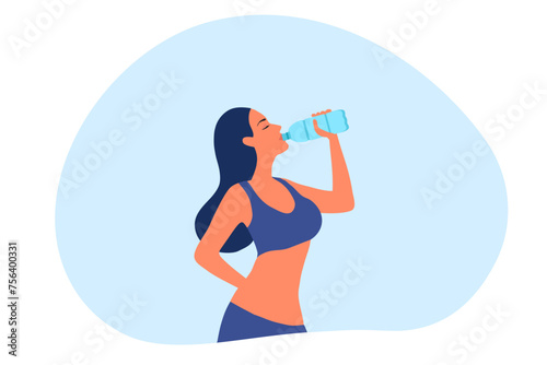 Healthy woman drinking water from plastic bottle vector illustration. Healthy lifestyle concept	