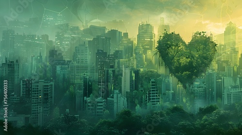 Green Heart-Shaped Cityscape with Nature-Inspired Technology and Harmonious Urban Development