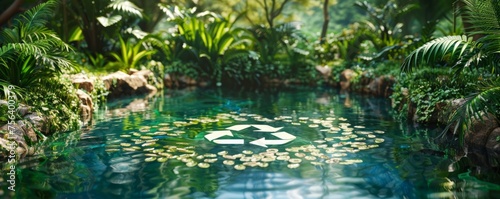 An abstract 3D-rendered icon that embodies the significance of recycling  portrayed through a tranquil pond located in the heart of an undisturbed jungle  featuring a recycling symbol at its core.