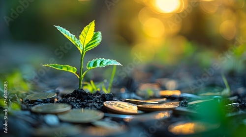 Green Sprout Emerging from Coin Surrounded by Leaves in Sunlit Background photo