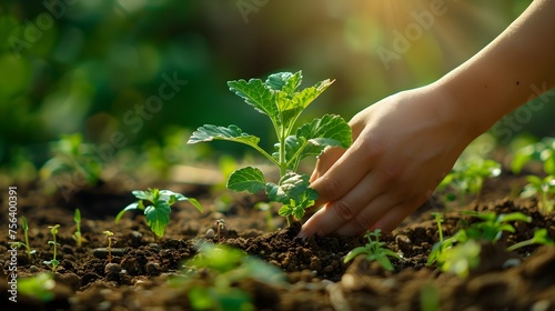 Green Thumb Hand Planting Young Seedling in Garden Soil