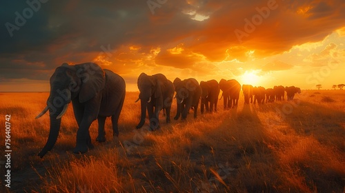 Majestic Elephant Herd Crossing African Savannah at Golden Hour, To showcase the beauty and majesty of African wildlife and the importance of © kiatipol