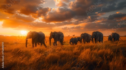 Majestic Elephant Herd Crossing African Savannah, To showcase the majesty and power of a herd of elephants moving across the African savannah, photo