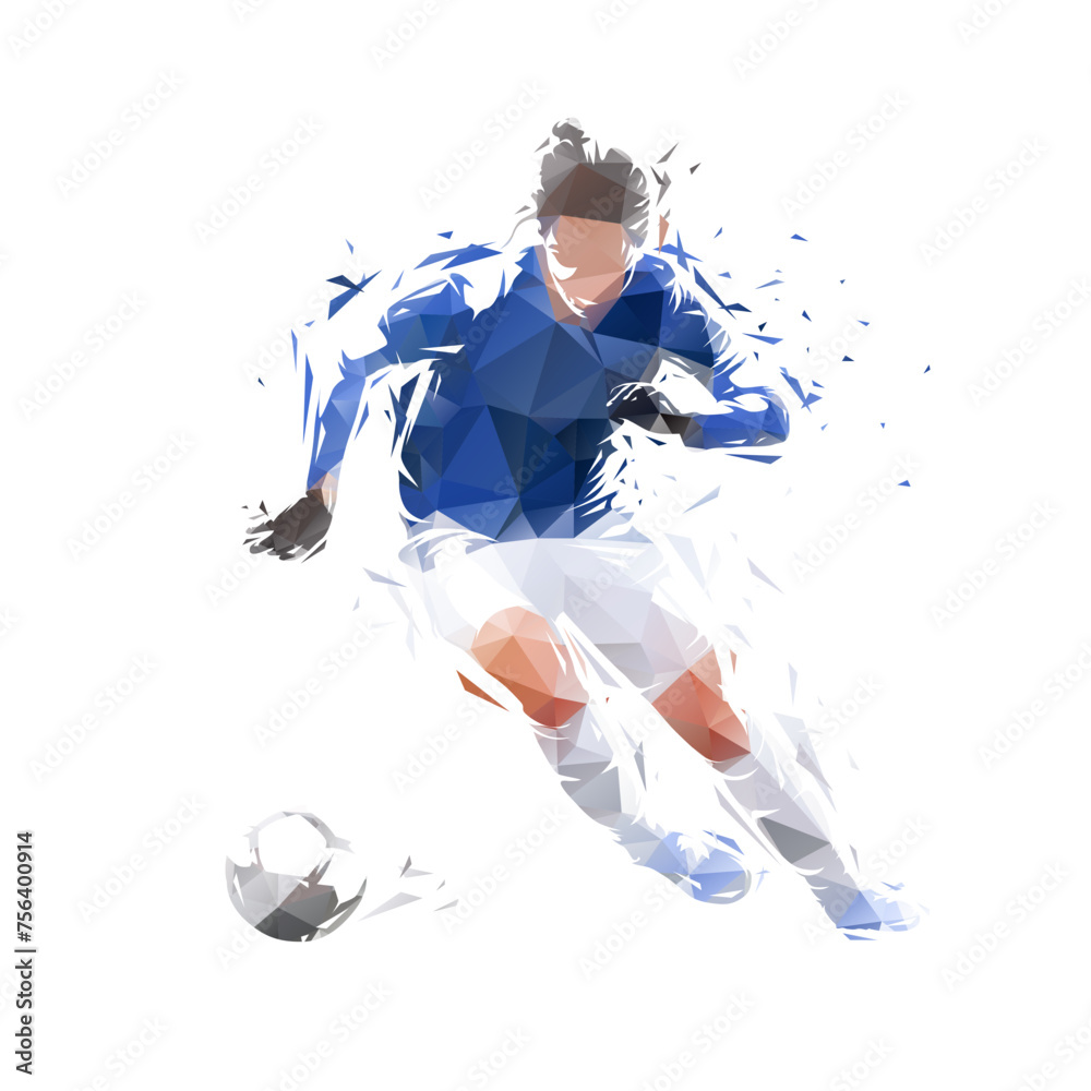 Fototapeta premium Female football player running with ball, soccer, low poly isolated vector illustration, geometric drawing from triangles