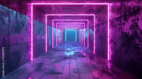 Futuristic passageway with neon shining in pink and light blue
