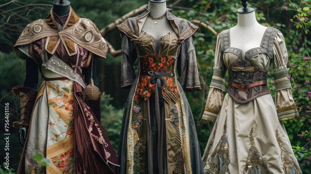 Costumes on mannequins for cosplay or RPG events