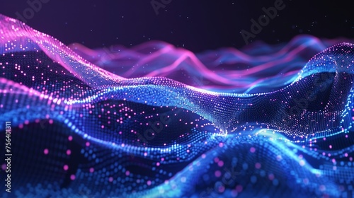 An abstract digital wave, composed of myriad particles, forms a futuristic and kinetic visual spectacle. 