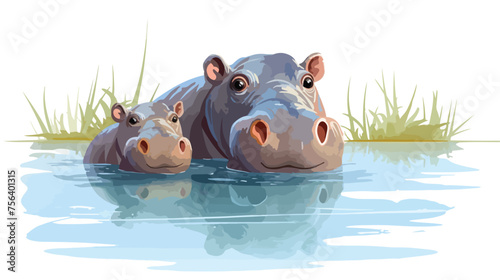 A mother and baby hippopotamus submerged in a river