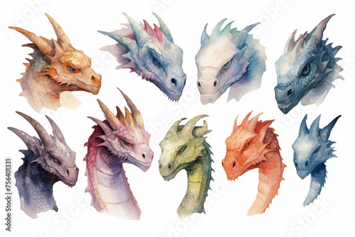 Set of watercolor dragon heads on a white background.