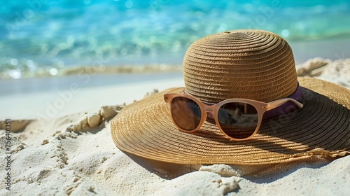 Stylish Straw Hat and Sunglasses on the Beach, To convey a sense of summer relaxation and fun at the beach, while showcasing stylish beach accessories © kiatipol