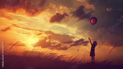 A silhouette of a young girl standing in a field, holding a balloon against a vibrant sunset sky