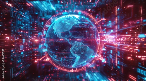 A vibrant depiction of Earth with flowing streams of binary data in a dynamic field of red and blue digital light.