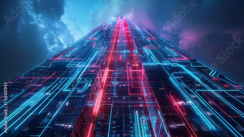 The image you sent me depicts a close-up view of the lower portion of a futuristic skyscraper at night. Neon lights line its curves and windows, casting a colorful glow.