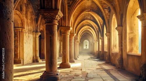 Warm sunlight filters through an old monastery's arched hallway