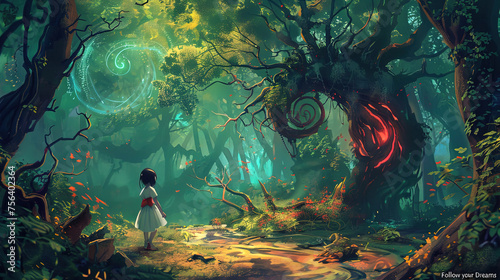 Painting of young girl walking through a dense forest  surrounded by tall trees and dappled sunlight filtering through the leaves