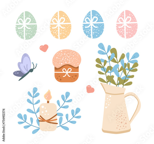 Cute set happy Easter design elements in pastel colors.  Eggs, flowers, butterfly, easter cake, candle other spring elements. For poster, covers, label, template, pattern, holiday decoration.